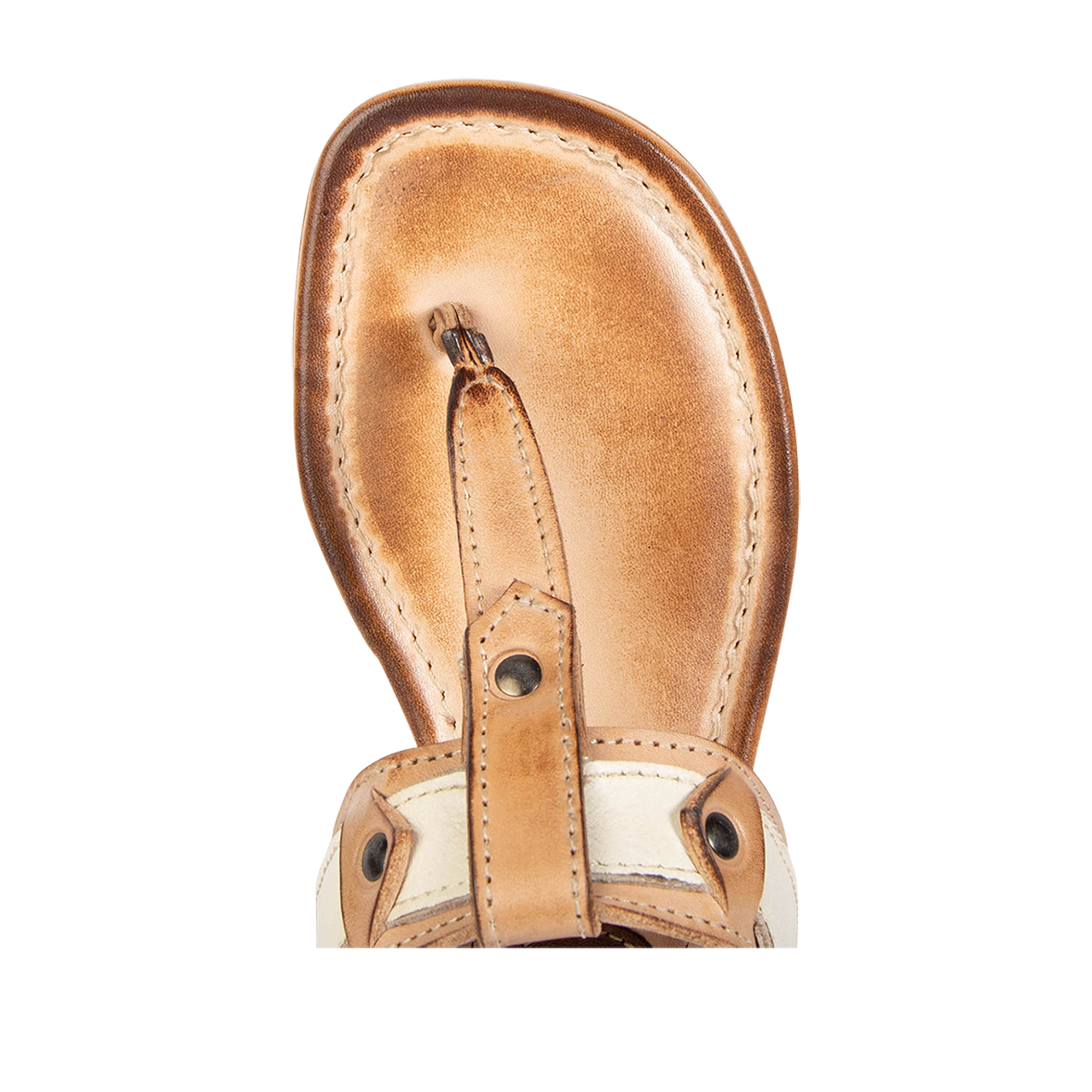 Top view showing FREEBIRD t-strap design and square toe on women's Sedona beige multi low heeled sandal