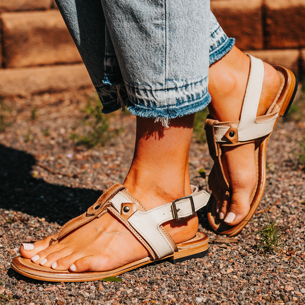 FREEBIRD women's Sedona Beige Multi t-strap sandal featuring low heeled and adjustable buckle
