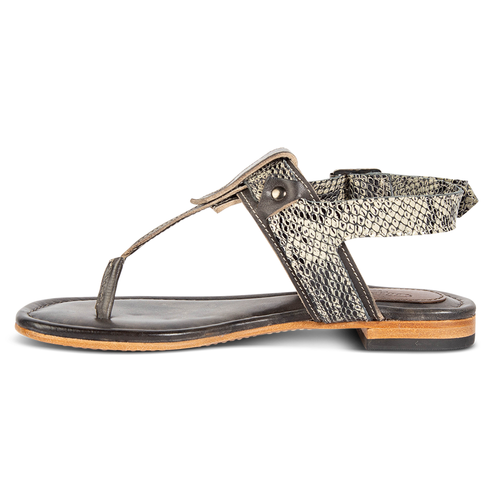 Inside view showing FREEBIRD t-strap design on women's Sedona olive snake multi low heeled sandal
