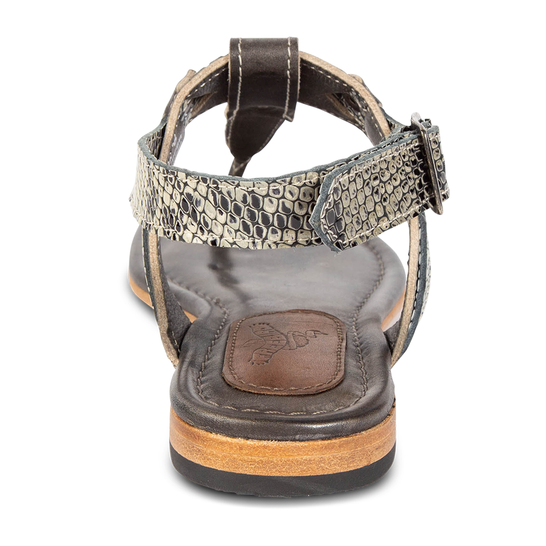 Back view showing FREEBIRD low heel on women's Sedona olive snake multi t-strap sandal