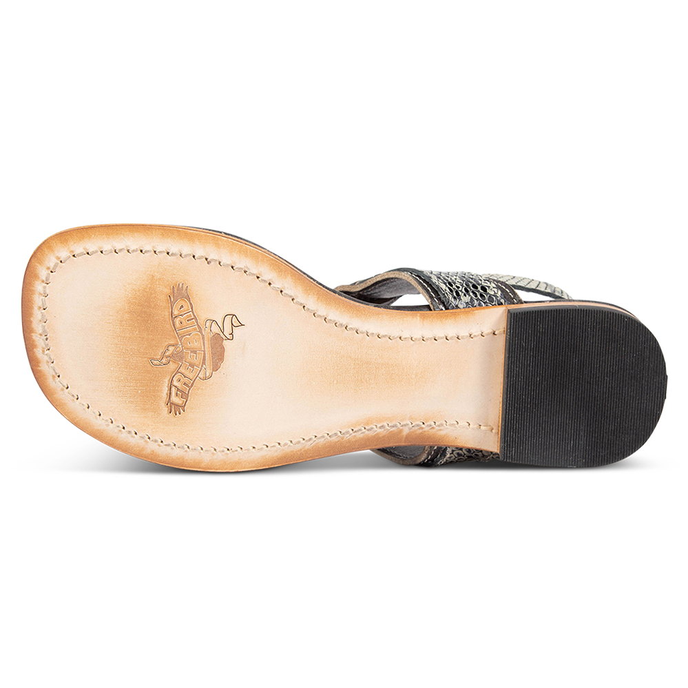 Leather sole on FREEBIRD women's Sedona olive snake multi low heeled t-strap sandal