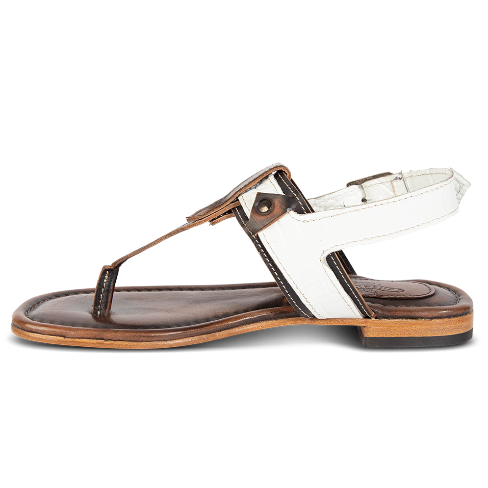 Inside view showing FREEBIRD t-strap design on women's Sedona white snake multi low heeled sandal