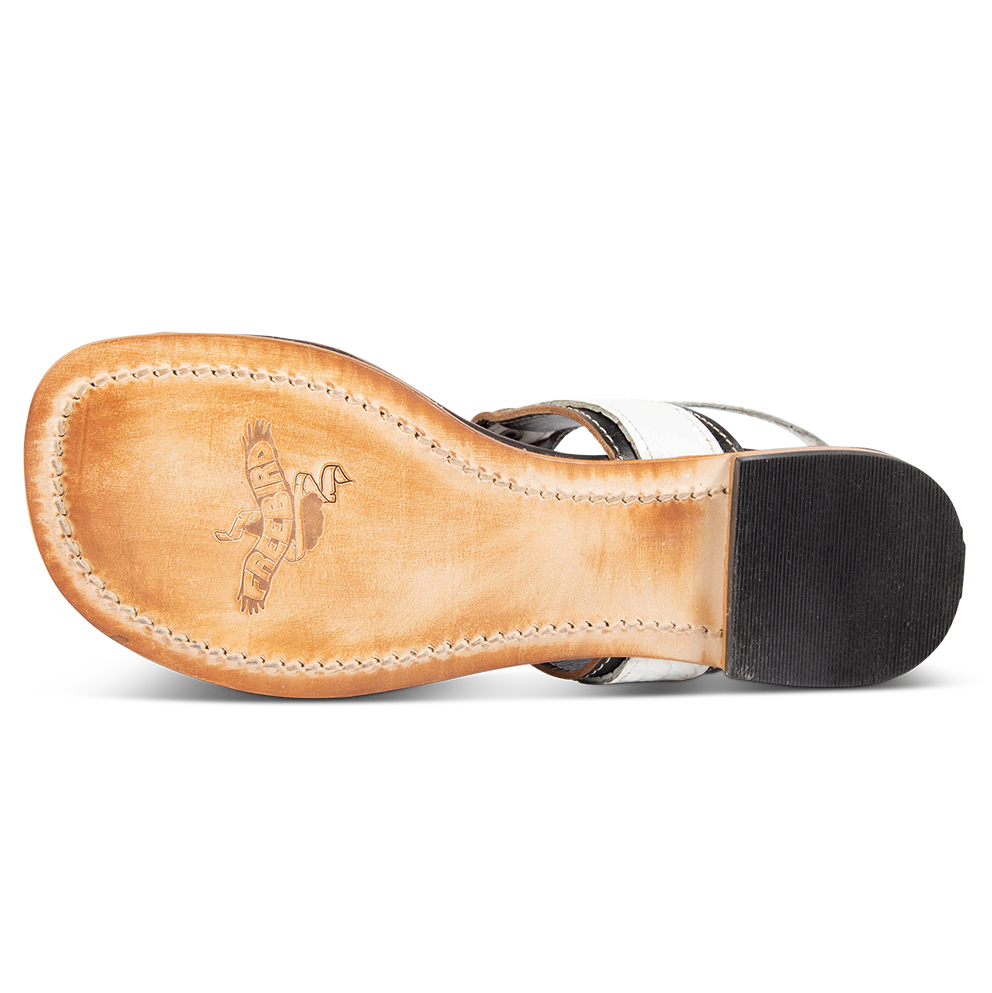 Leather sole on FREEBIRD women's Sedona white snake multi low heeled t-strap sandal