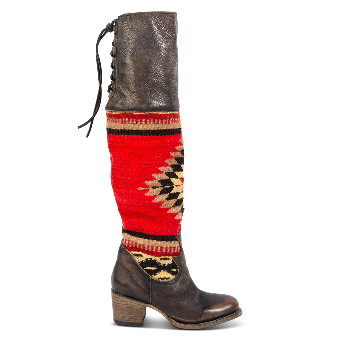FREEBIRD women's Serape black leather knee high boot with woven detailing, leather tie lacing and an inside working brass zip closure
