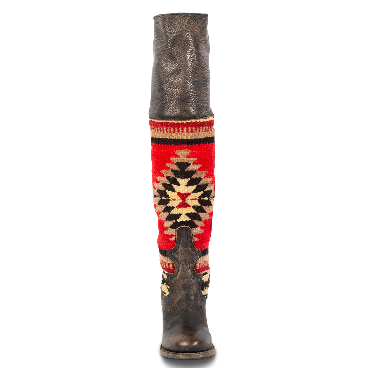 Front view showing multi-colored woven stitch detailing, a knee-high black leather shaft and rounded toe on FREEBIRD women's Serape boot