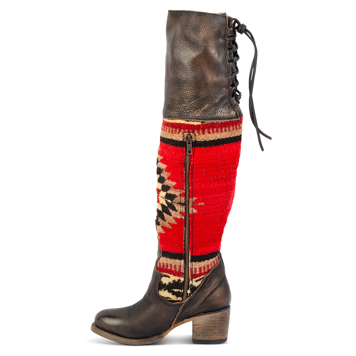 Inside view showing an inside working brass zipper, adjustable leather lacing, and multi-colored woven detailing on FREEBIRD women's Serape black leather knee high boot