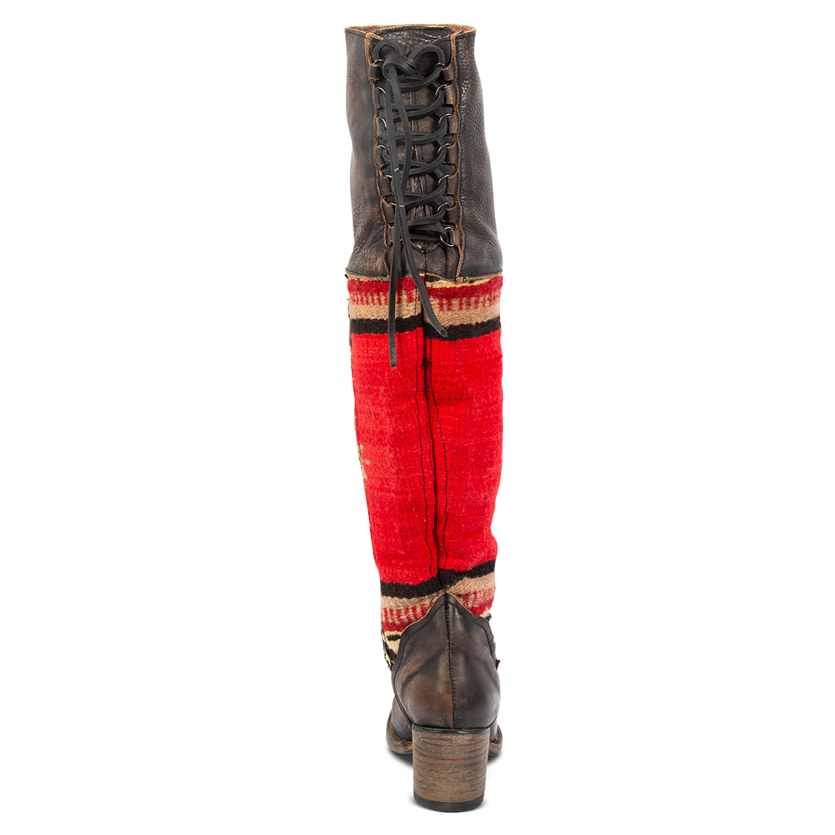 Back view showing adjustable leather lacing, a stacked heel and multi-colored woven detailing on FREEBIRD women's Serape black leather knee high boot