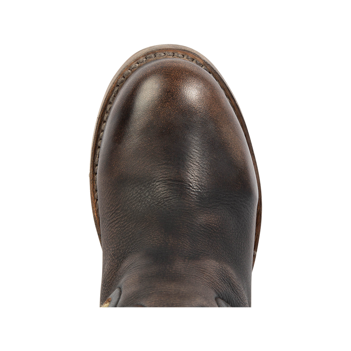 Top view showing a rounded toe and Goodyear welt on FREEBIRD women's Serape black leather knee high boot 