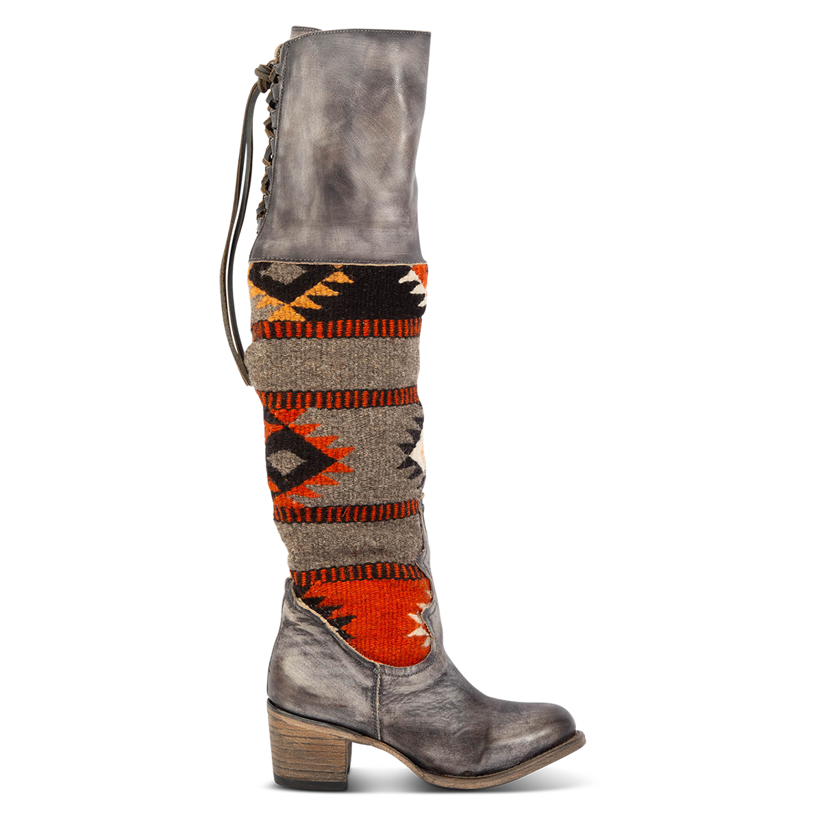 FREEBIRD women's Serape stone leather knee high boot with woven detailing, leather tie lacing and an inside working brass zip closure
