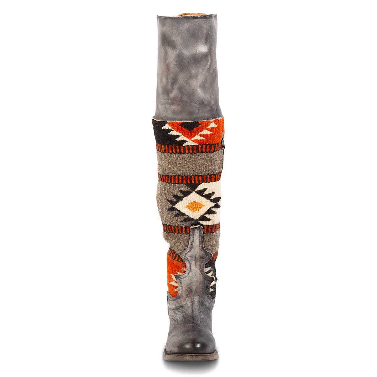 Front view showing multi-colored woven stitch detailing, a knee-high stone leather shaft and rounded toe on FREEBIRD women's Serape boot