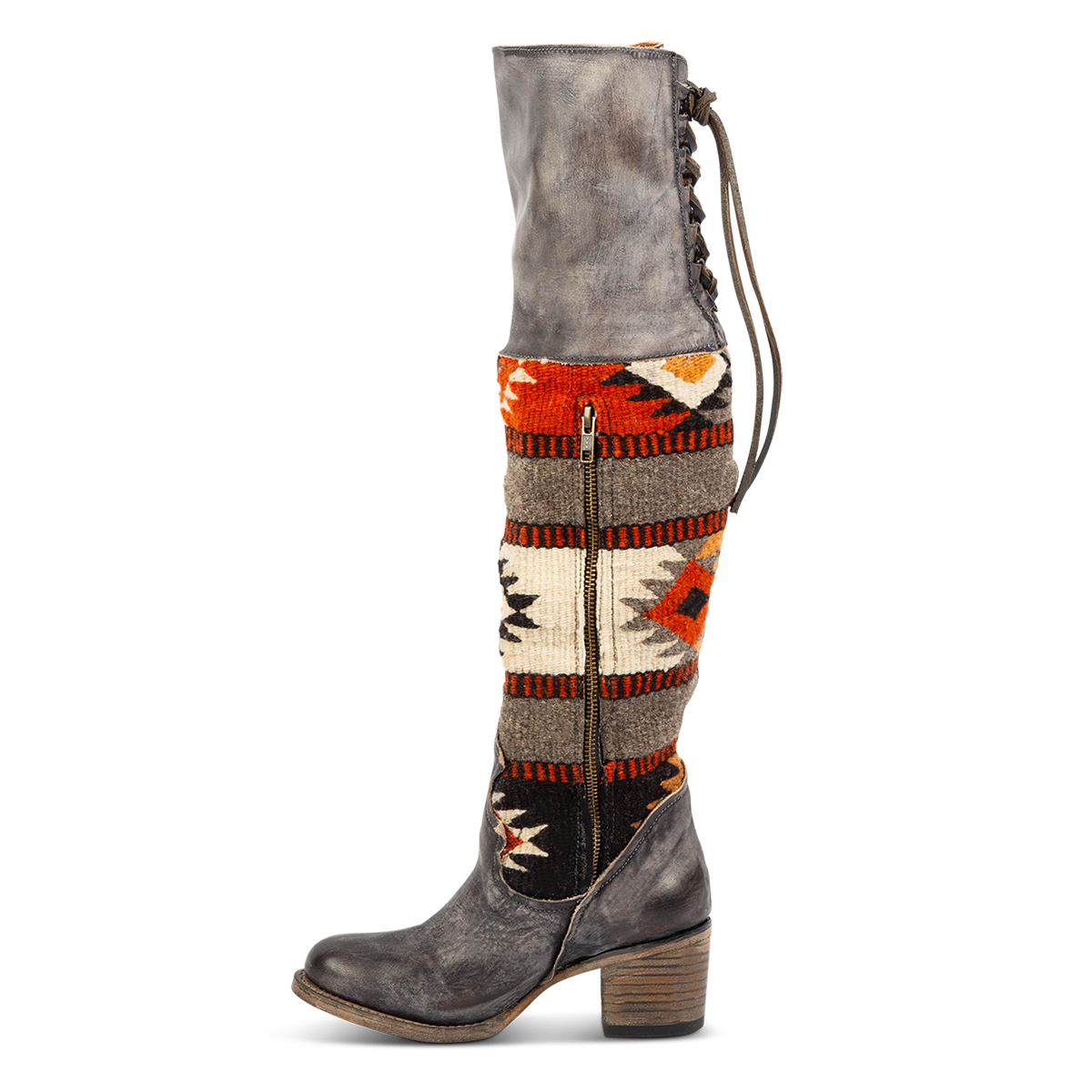 Inside view showing an inside working brass zipper, adjustable leather lacing, and multi-colored woven detailing on FREEBIRD women's Serape stone leather knee high boot
