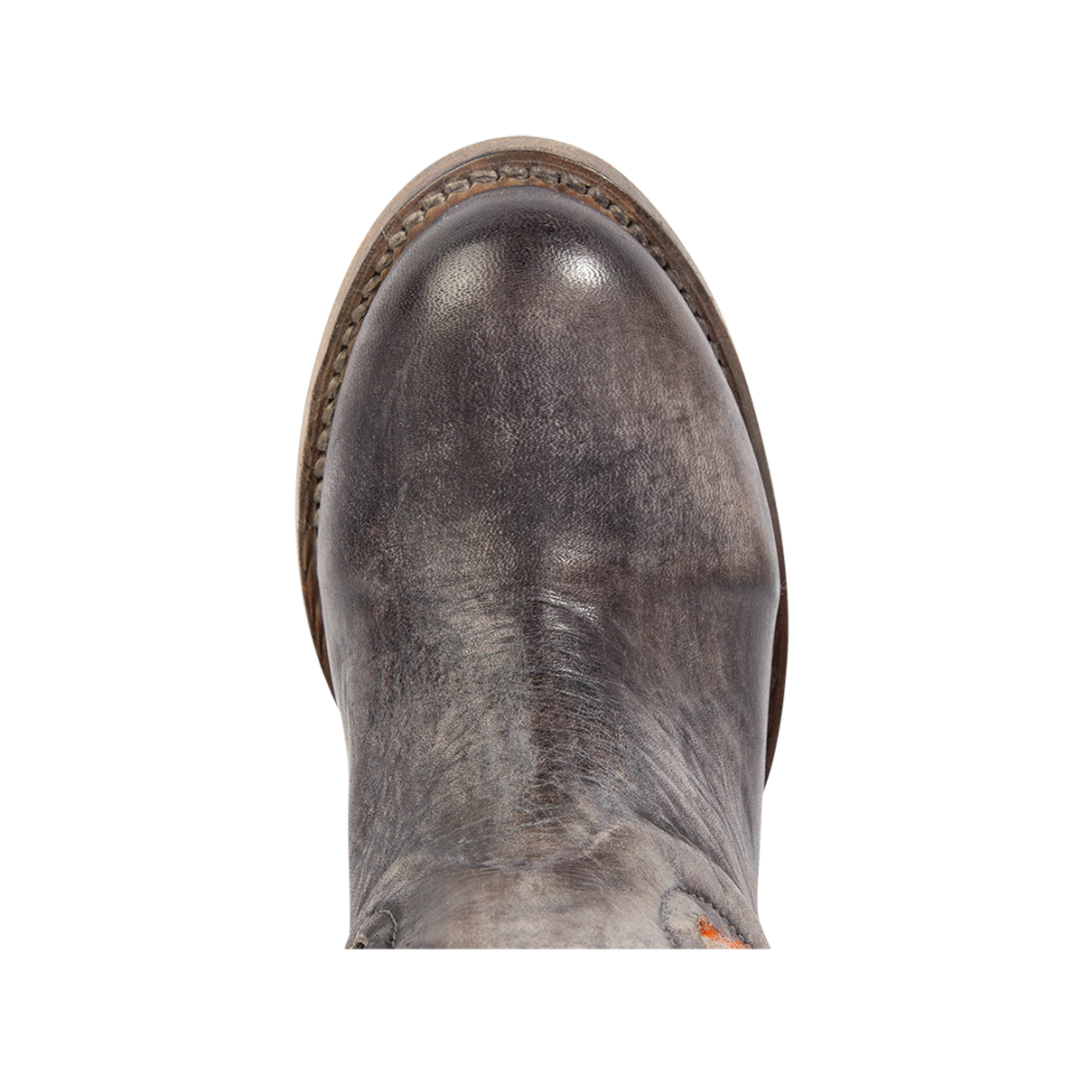 Top view showing a rounded toe and Goodyear welt on FREEBIRD women's Serape stone leather knee high boot