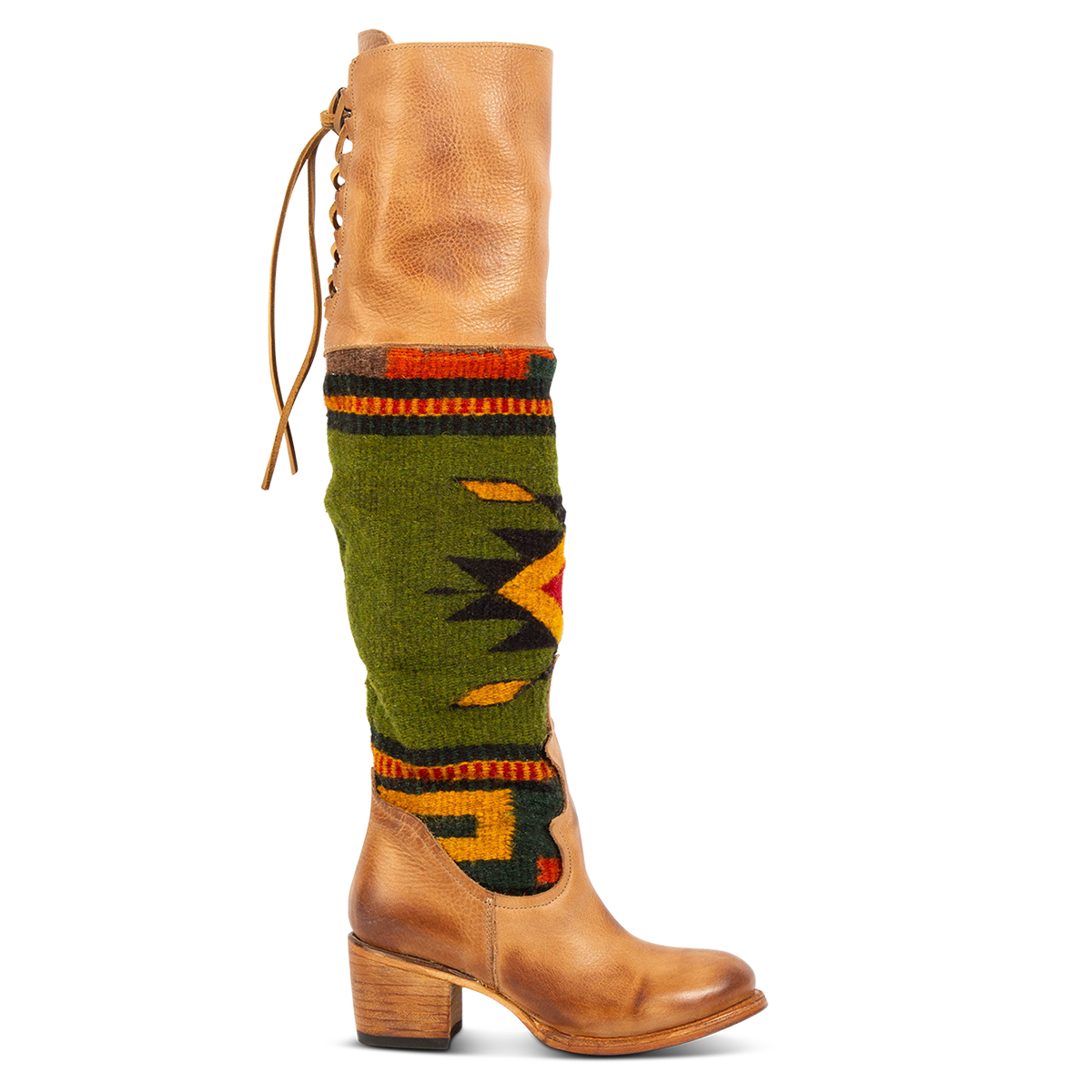 FREEBIRD women's Serape tan leather knee high boot with woven detailing, leather tie lacing and an inside working brass zip closure 