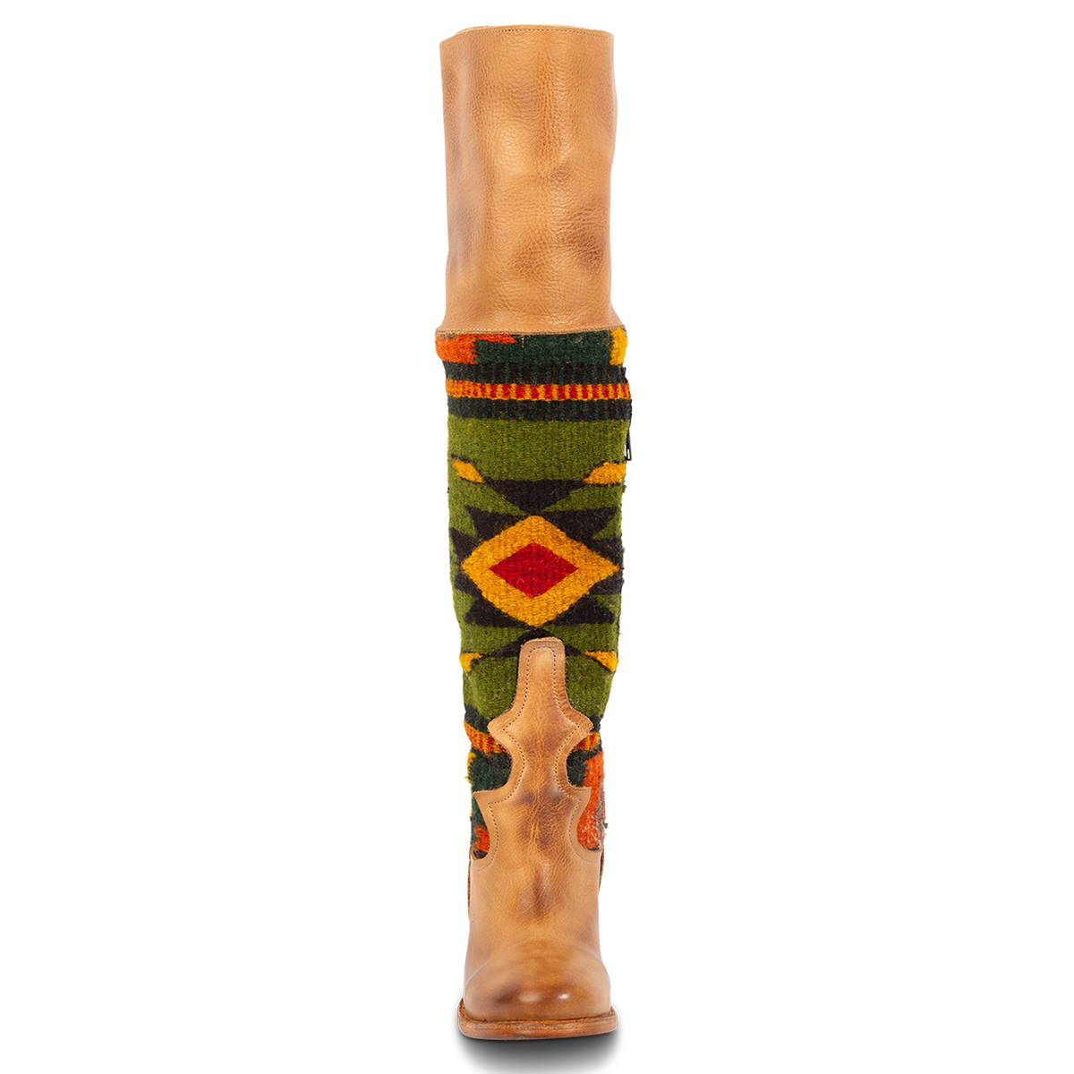 Front view showing multi-colored woven stitch detailing, a knee-high tan leather shaft and rounded toe on FREEBIRD women's Serape boot