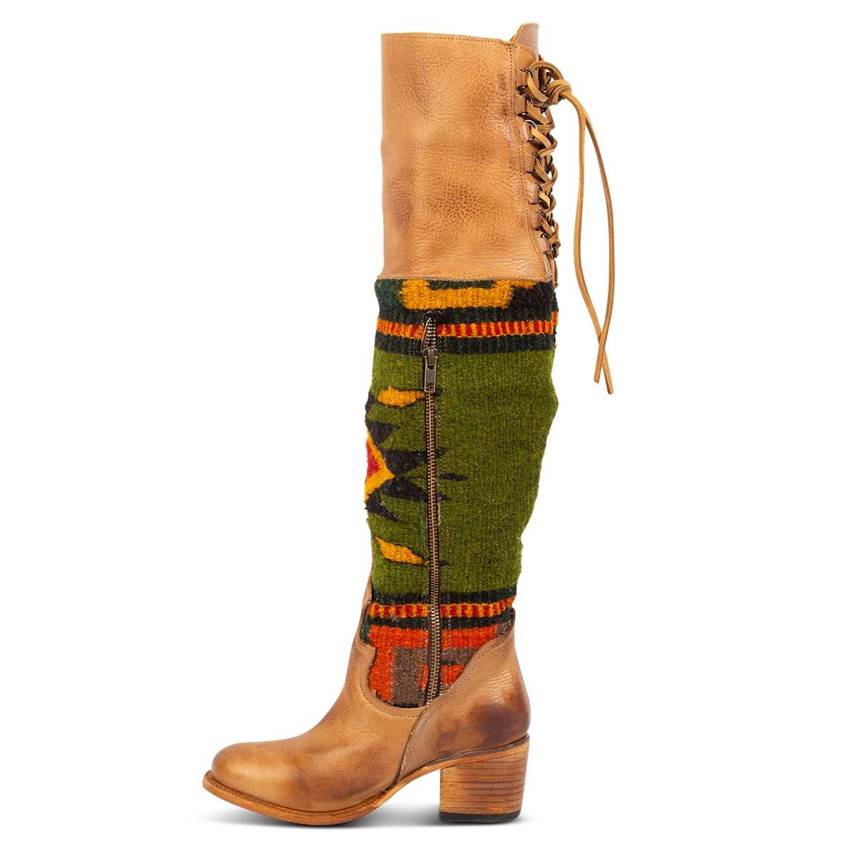 Inside view showing an inside working brass zipper, adjustable leather lacing, and multi-colored woven detailing on FREEBIRD women's Serape tan leather knee high boot