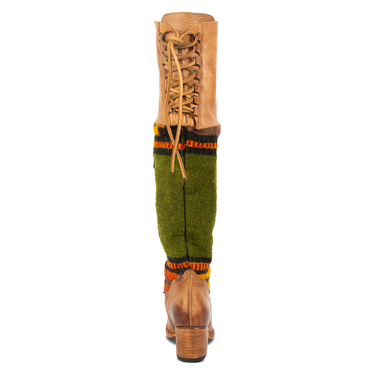 Back view showing adjustable leather lacing, a stacked heel and multi-colored woven detailing on FREEBIRD women's Serape tan leather knee high boot