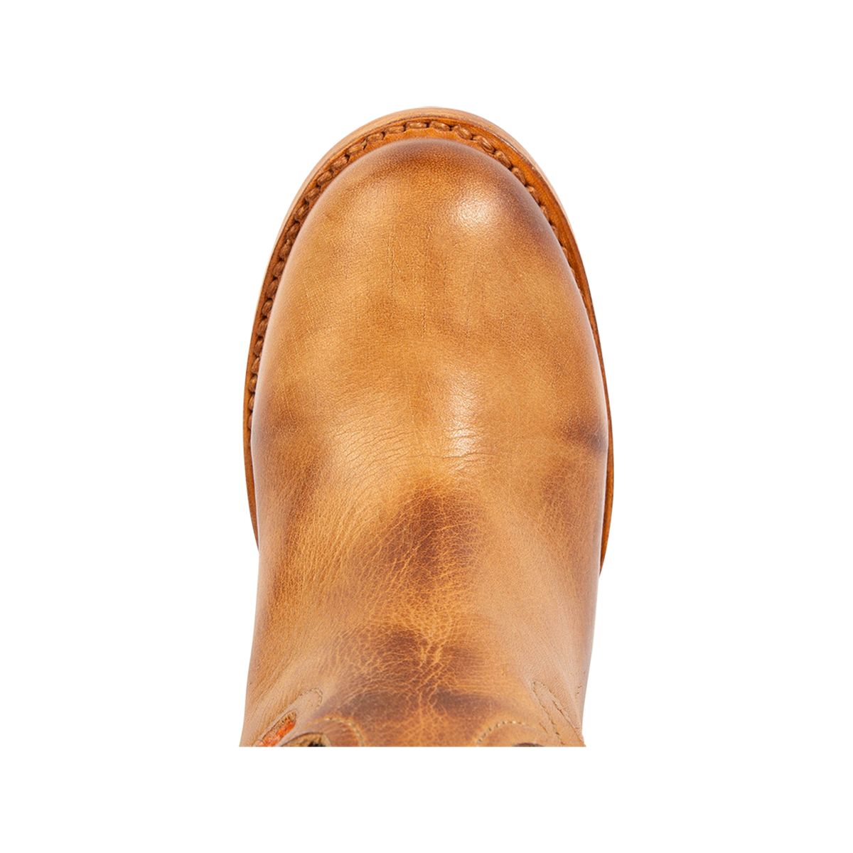 Top view showing a rounded toe and Goodyear welt on FREEBIRD women's Serape tan leather knee high boot