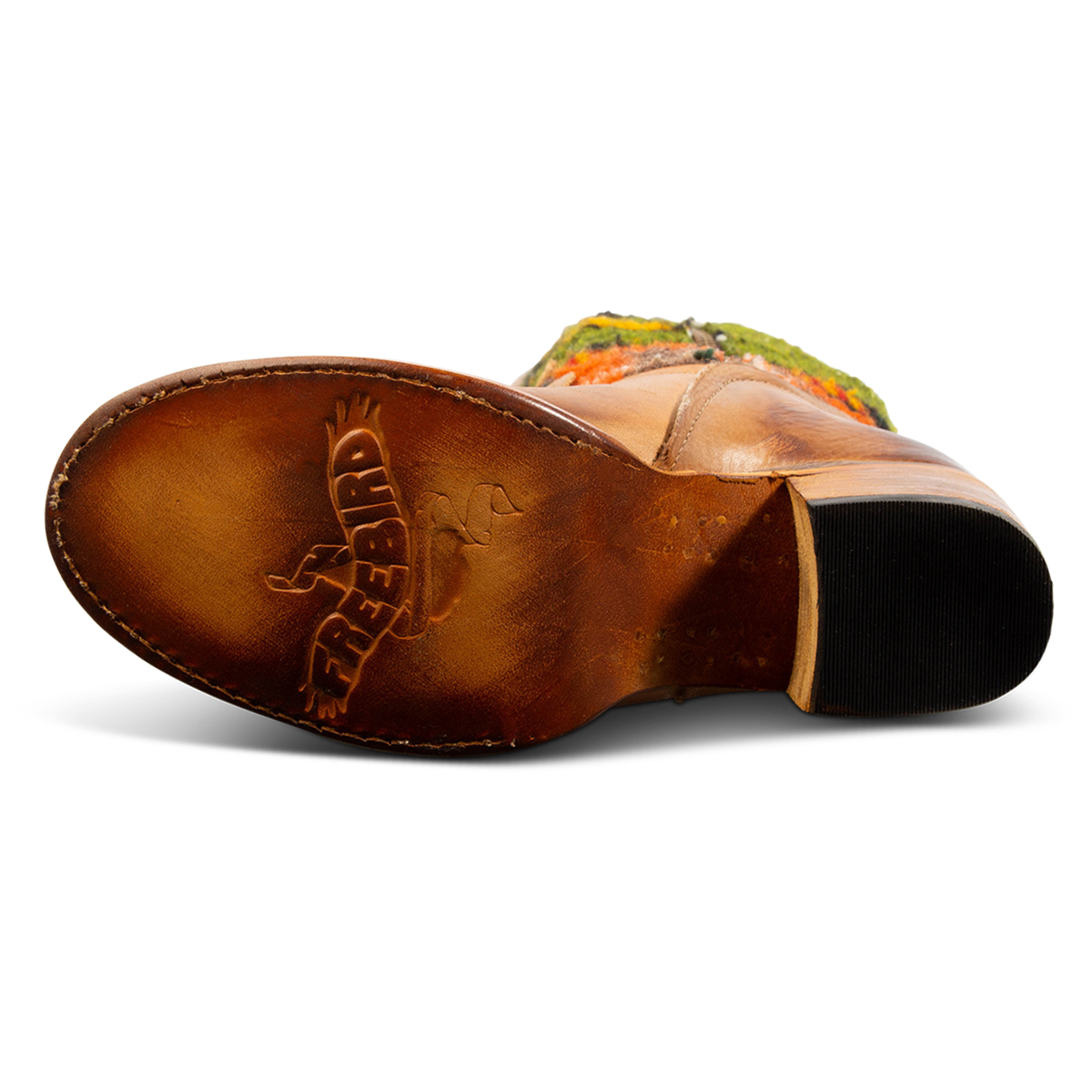 Leather sole imprinted with FREEBIRD on women's Serape tan leather knee high boot