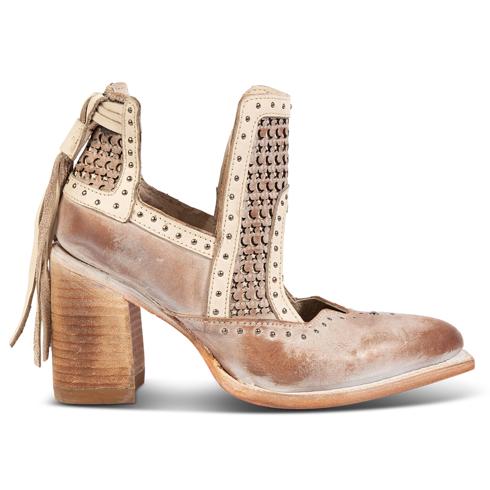 FREEBIRD women's Sharona blush laser cut bootie with wrapped heel and heel tassel detailing 