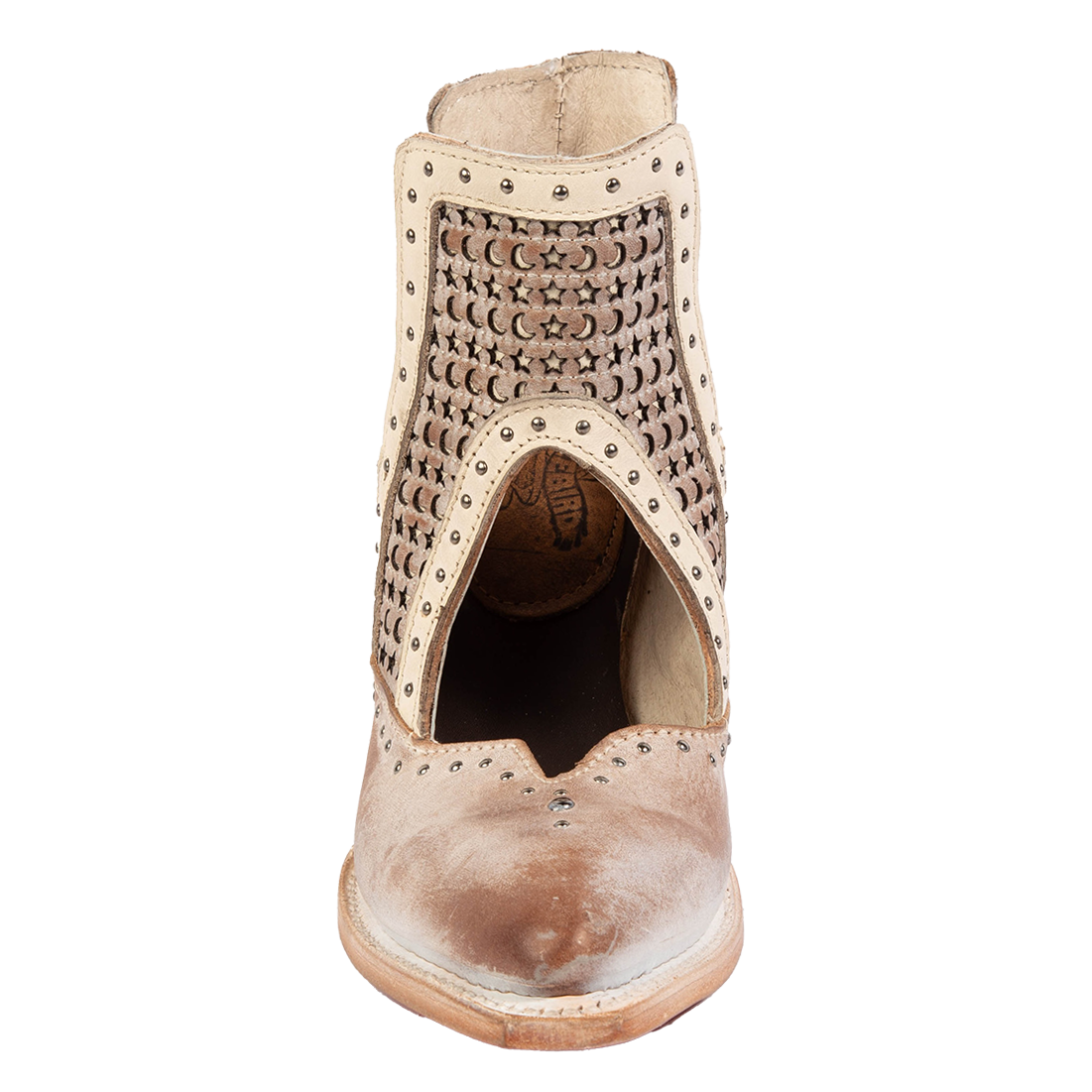 Front view showing instep cutout, silver stud detailing, and star/moon laser cut leather on FREEBIRD women's Sharona blush bootie
