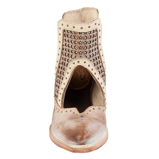 Front view showing instep cutout, silver stud detailing, and star/moon laser cut leather on FREEBIRD women's Sharona blush bootie