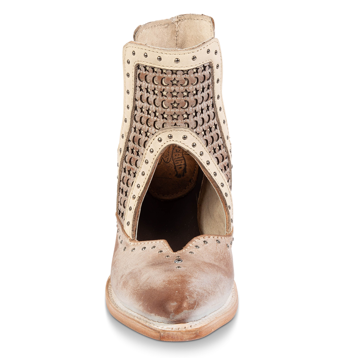 Front view showing instep cutout, silver stud detailing, and star/moon laser cut leather on FREEBIRD women's Sharona blush bootie