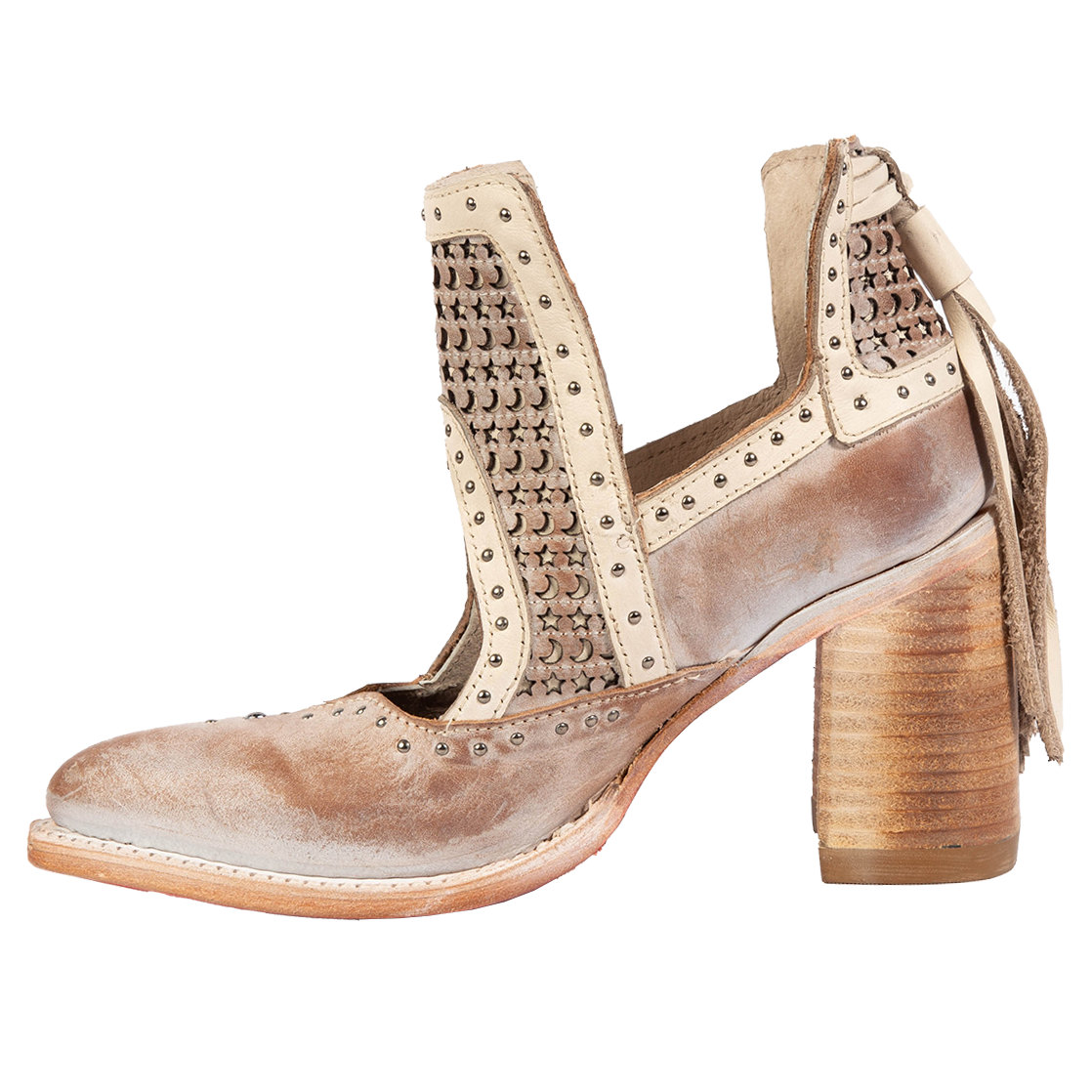 Side view showing ankle cutout, silver studs, and wrapped heel on FREEBIRD women's Sharona blush bootie