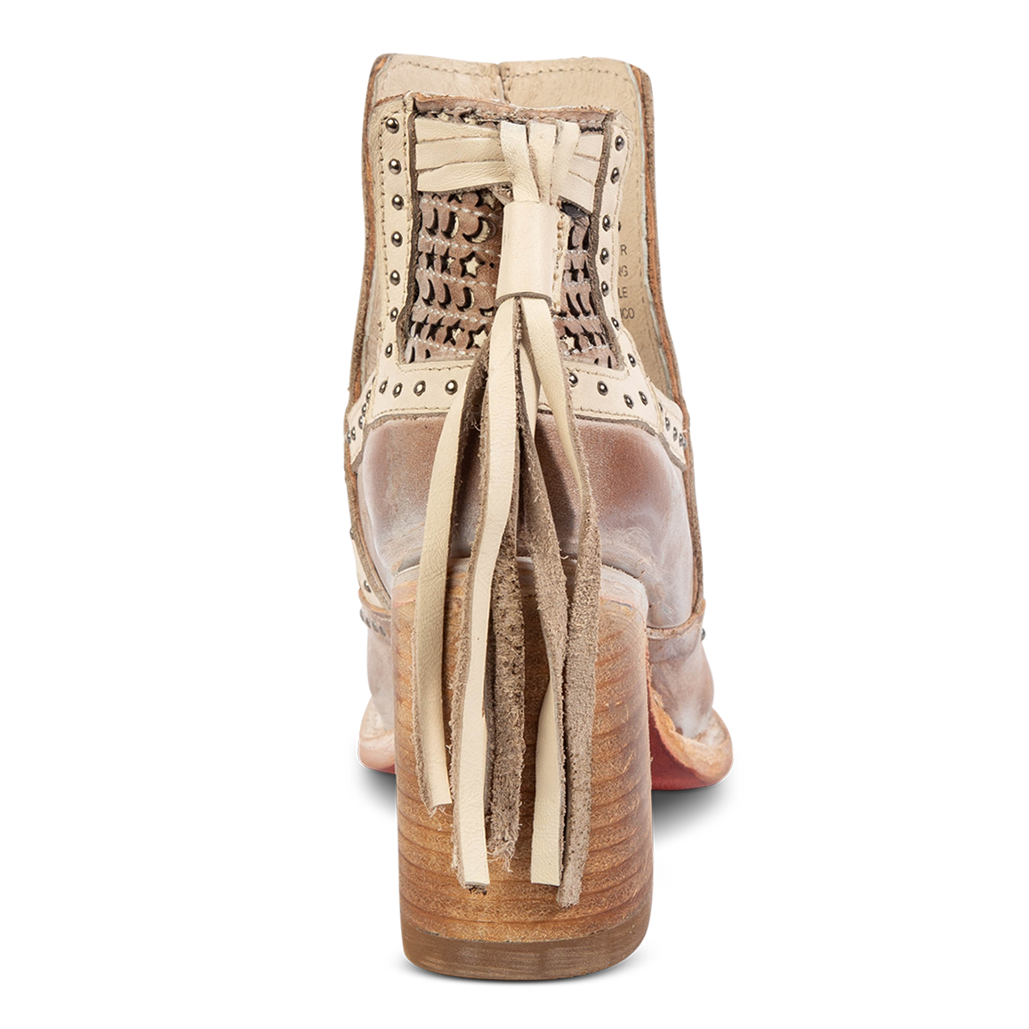 Back view showing wrapped heel and leather heel tassel detailing on FREEBIRD women's Sharona blush bootie