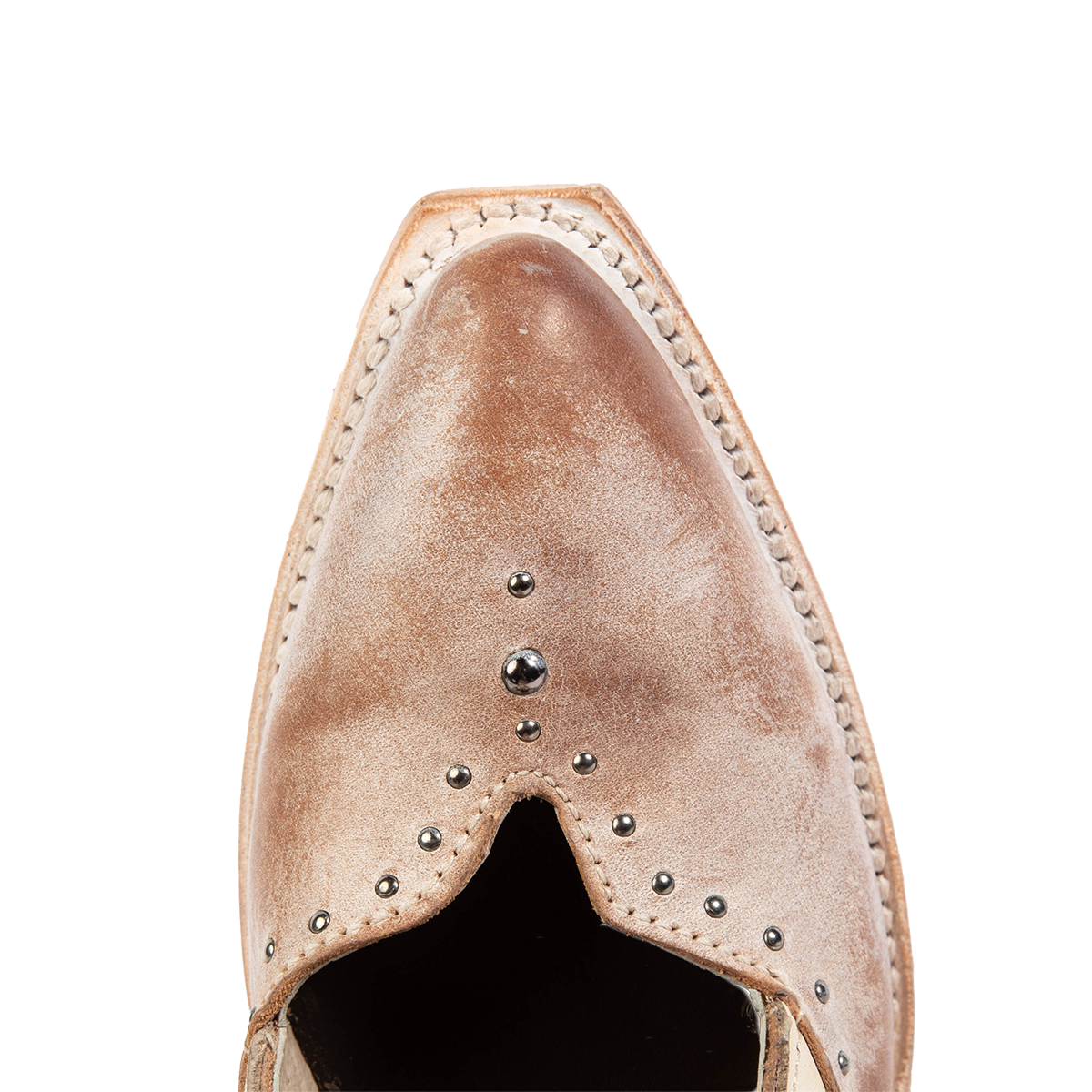 Top view showing silver stud detailing and pointed toe construction on FREEBIRD women's Sharona blush bootie