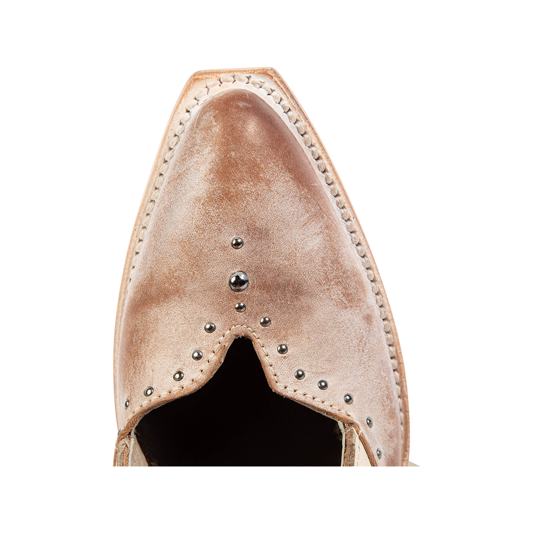 Top view showing silver stud detailing and pointed toe construction on FREEBIRD women's Sharona blush bootie