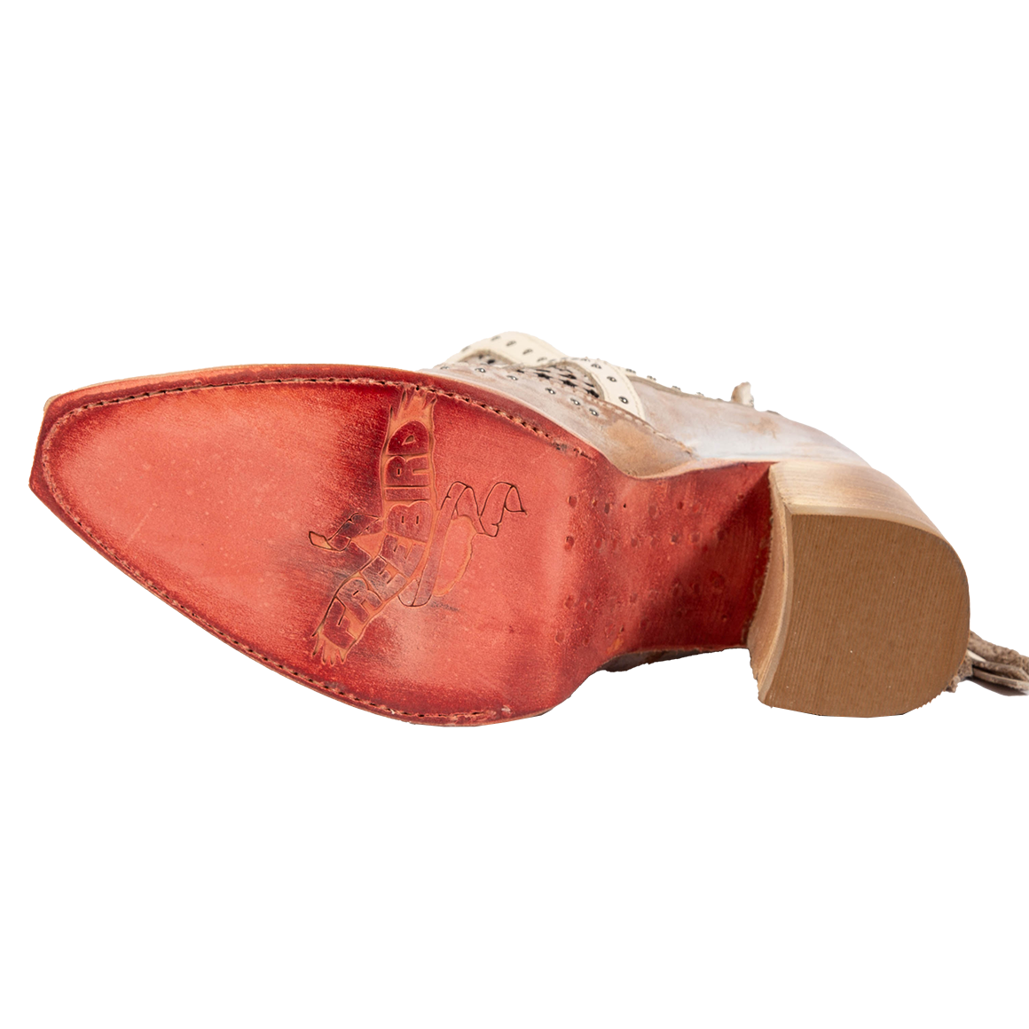 Leather sole imprinted with FREEBIRD on women's Sharona blush bootie