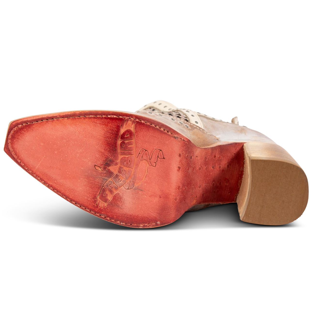 Leather sole imprinted with FREEBIRD on women's Sharona blush bootie