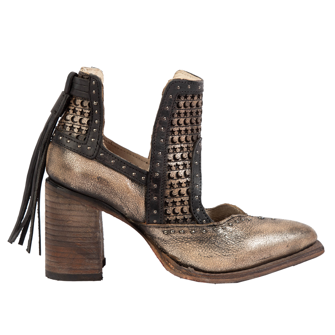 FREEBIRD women's Sharona pewter laser cut bootie with wrapped heel and heel tassel detailing 