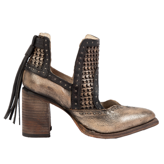 FREEBIRD women's Sharona pewter laser cut bootie with wrapped heel and heel tassel detailing 