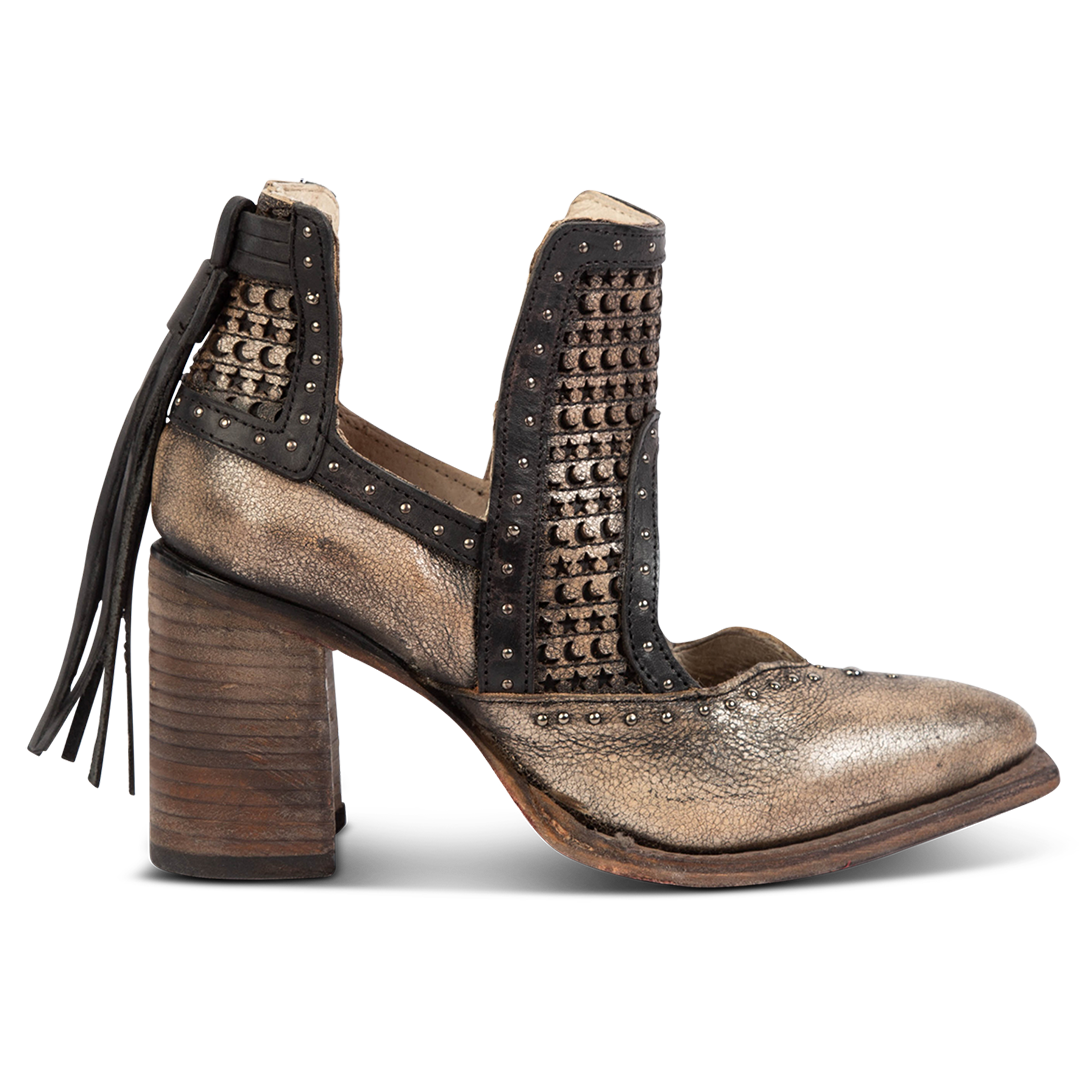 FREEBIRD women's Sharona pewter laser cut bootie with wrapped heel and heel tassel detailing 