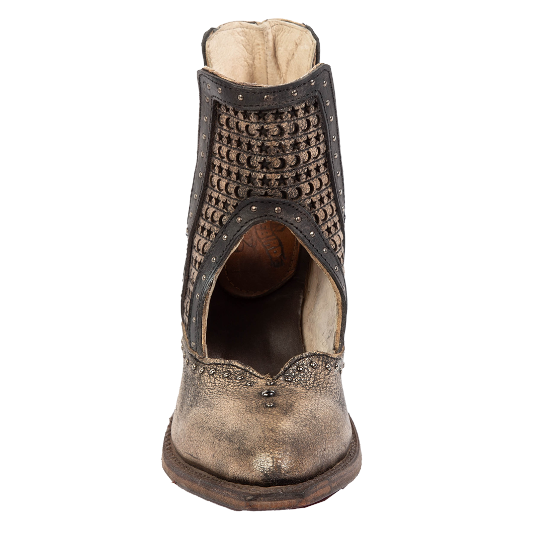 Front view showing instep cutout, silver stud detailing, and star/moon laser cut leather on FREEBIRD women's Sharona pewter bootie