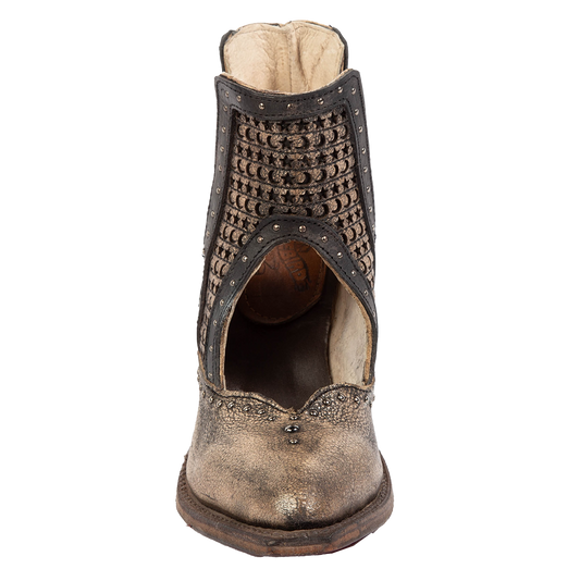 Front view showing instep cutout, silver stud detailing, and star/moon laser cut leather on FREEBIRD women's Sharona pewter bootie