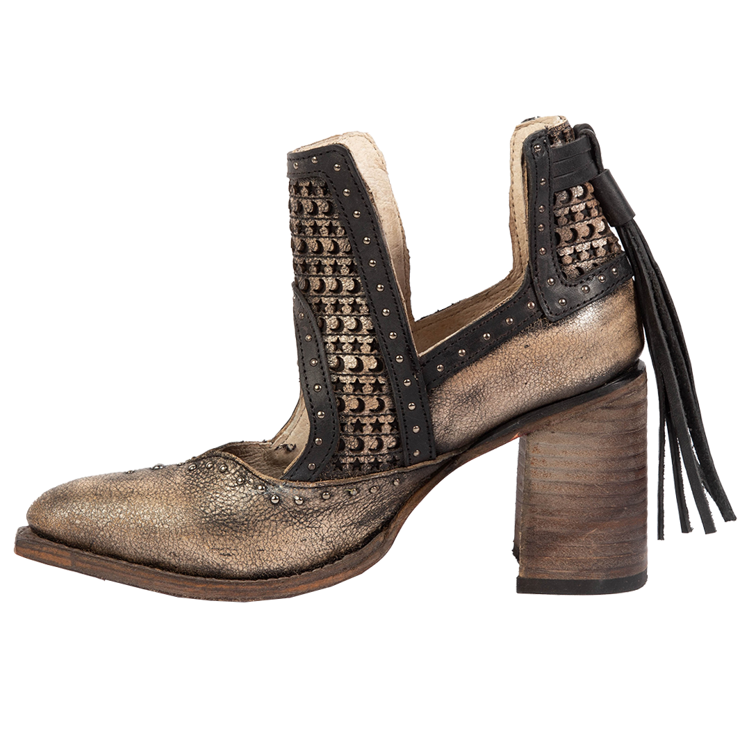 Side view showing ankle cutout, silver studs, and wrapped heel on FREEBIRD women's Sharona pewter bootie