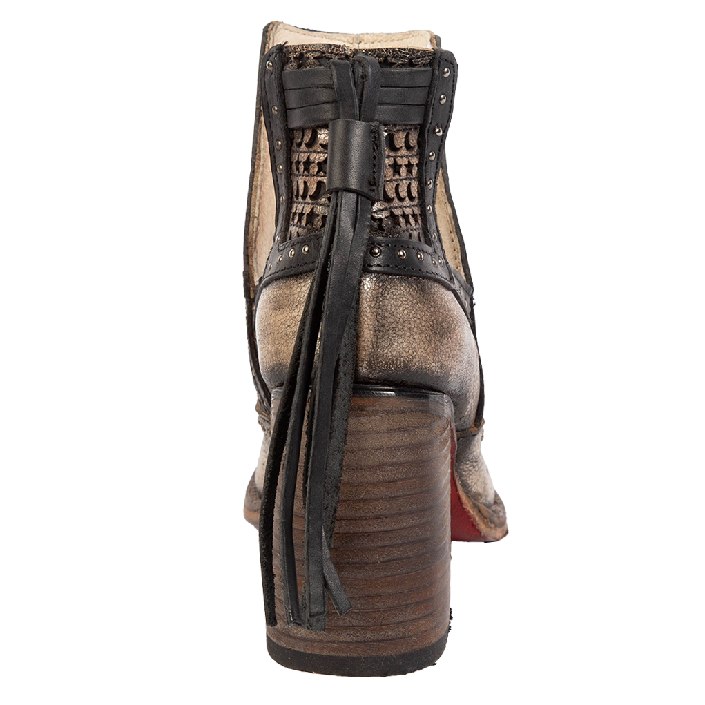 Back view showing wrapped heel and leather heel tassel detailing on FREEBIRD women's Sharona pewter bootie