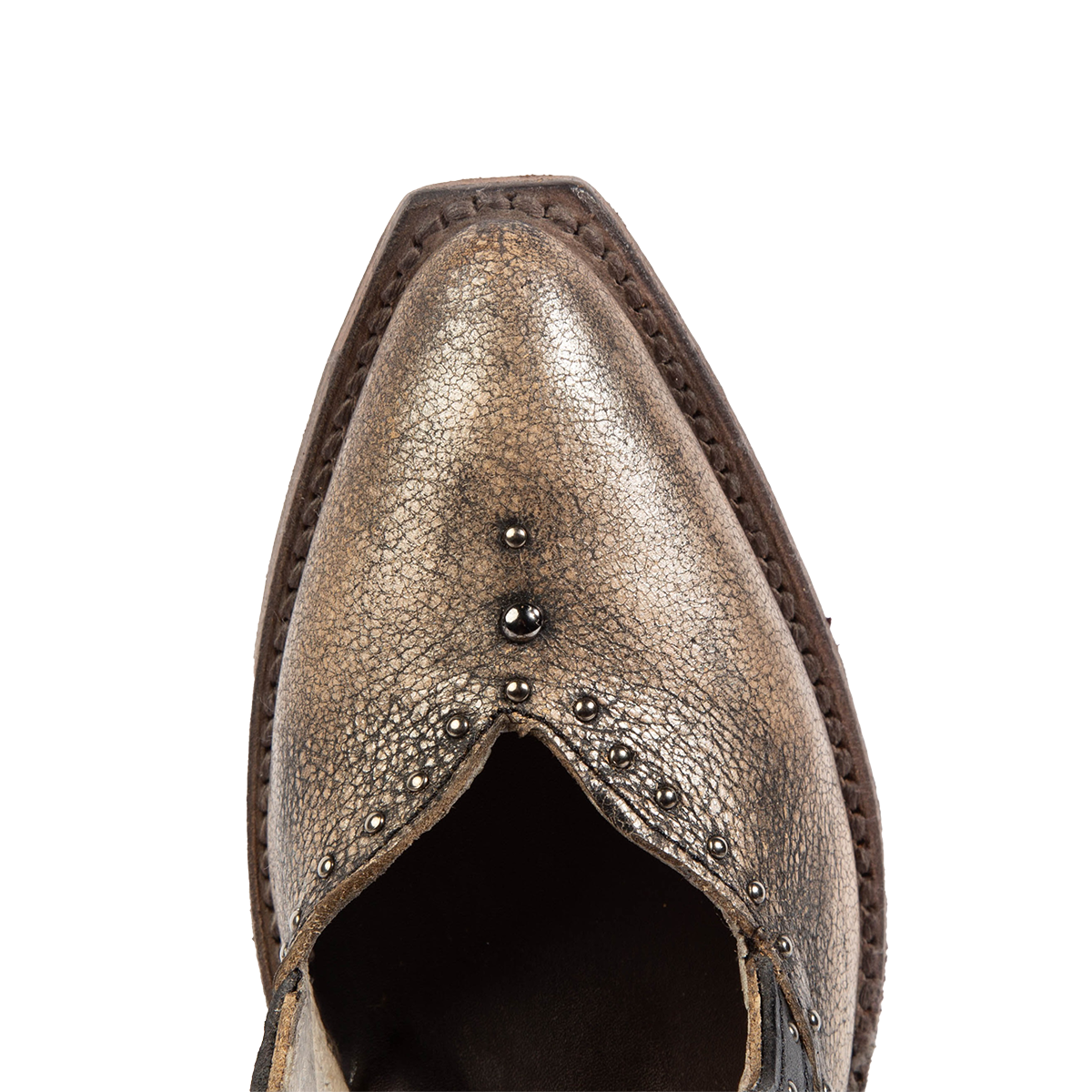 Top view showing silver stud detailing and pointed toe construction on FREEBIRD women's Sharona pewter bootie