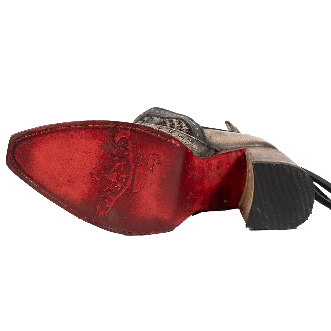 Leather sole imprinted with FREEBIRD on women's Sharona pewter bootie