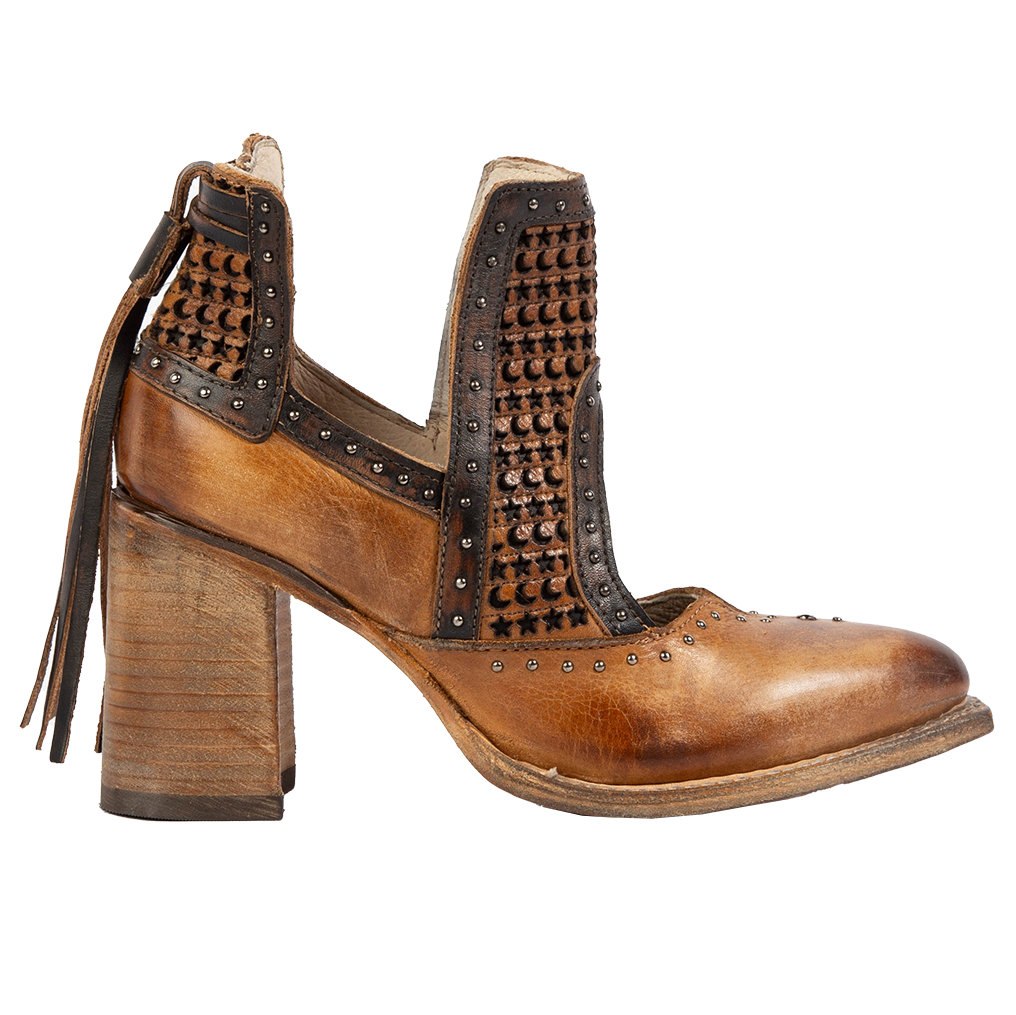 FREEBIRD women's Sharona tan laser cut bootie with wrapped heel and heel tassel detailing 