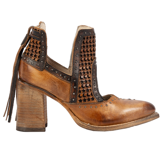 FREEBIRD women's Sharona tan laser cut bootie with wrapped heel and heel tassel detailing 