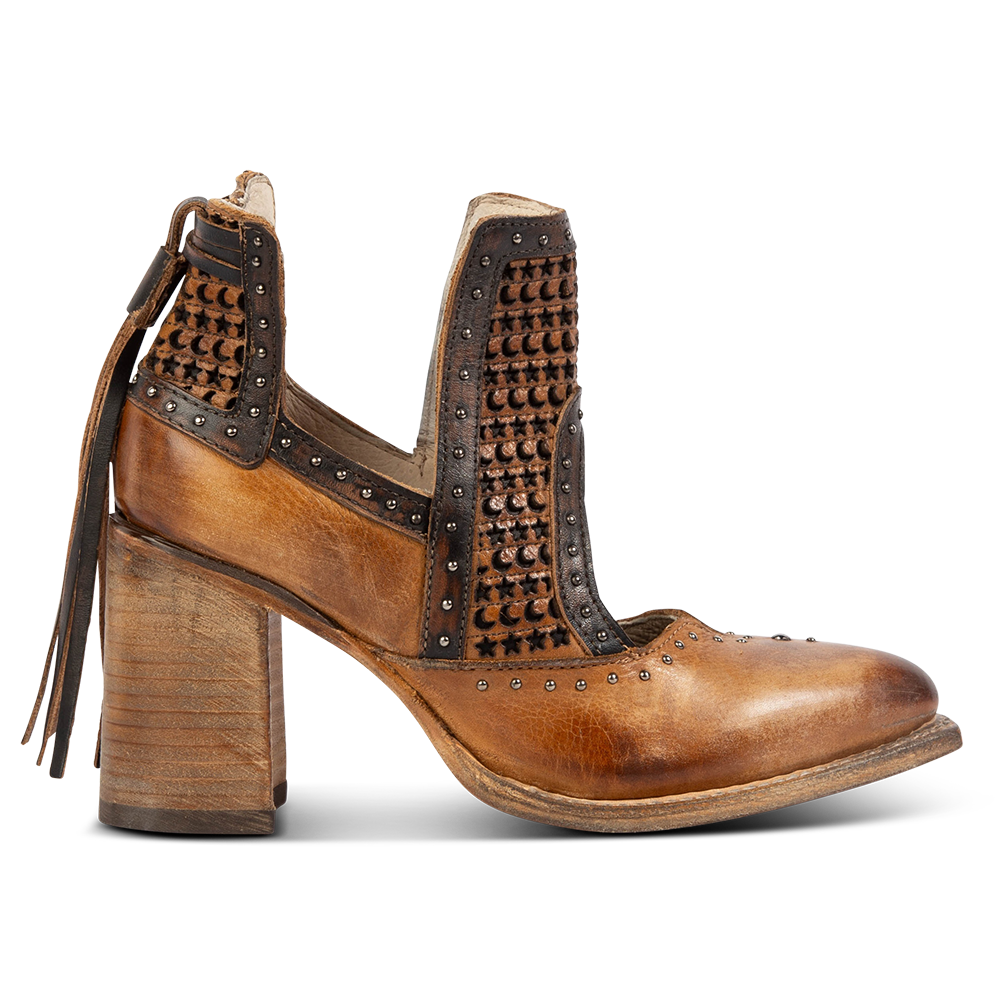 FREEBIRD women's Sharona tan laser cut bootie with wrapped heel and heel tassel detailing 