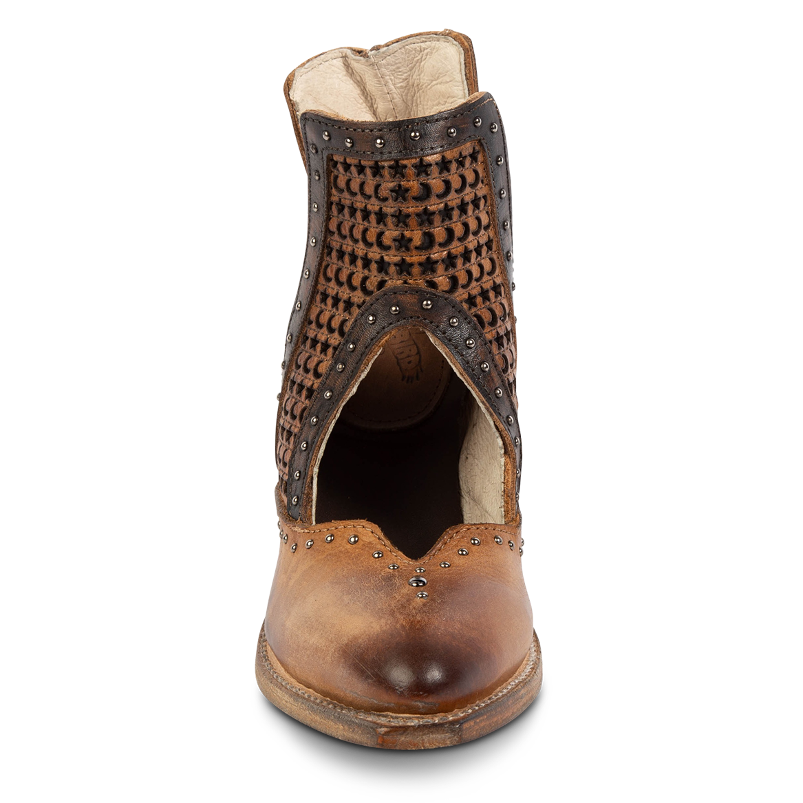 Front view showing instep cutout, silver stud detailing, and star/moon laser cut leather on FREEBIRD women's Sharona tan bootie