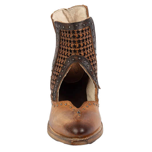 Front view showing instep cutout, silver stud detailing, and star/moon laser cut leather on FREEBIRD women's Sharona tan bootie