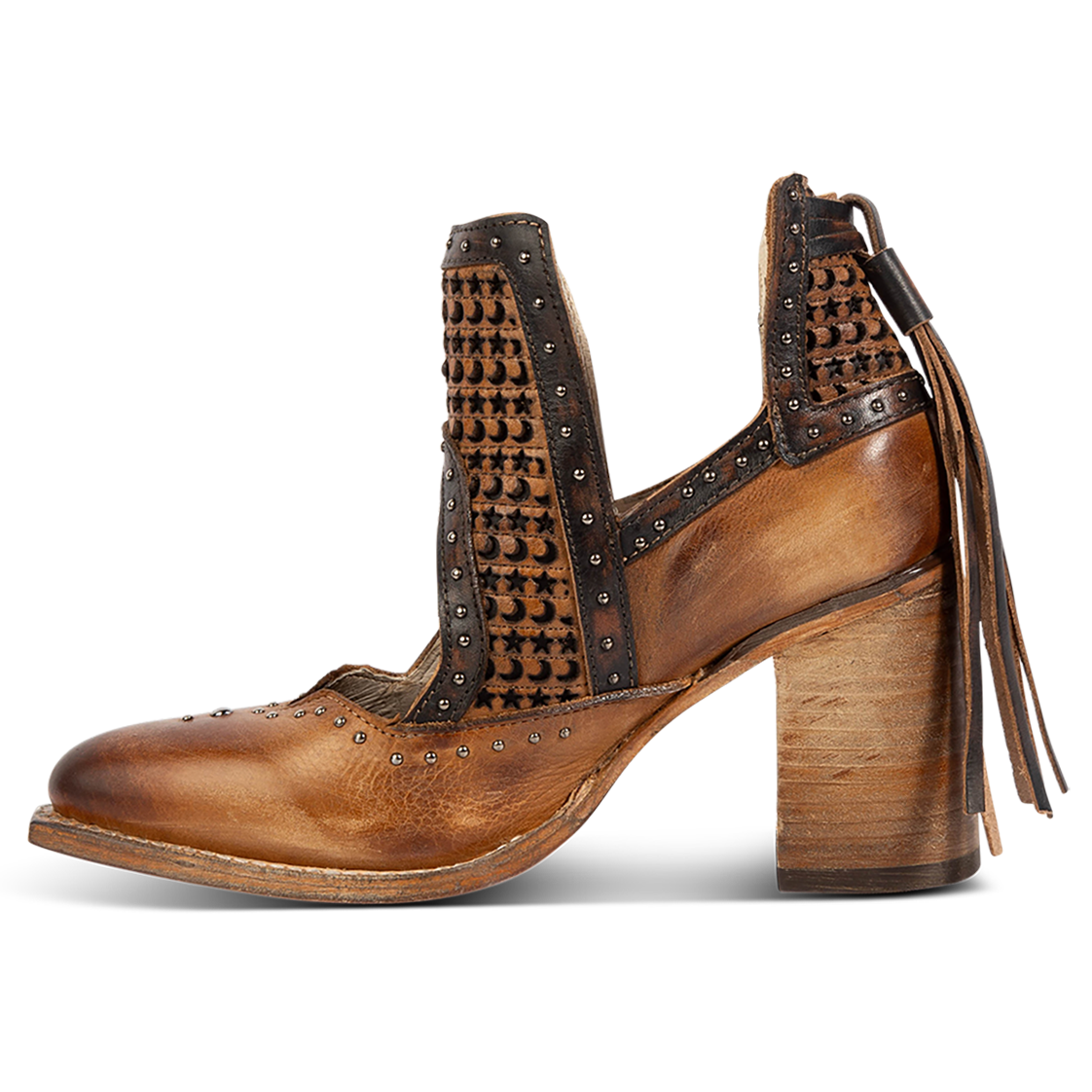 Side view showing ankle cutout, silver studs, and wrapped heel on FREEBIRD women's Sharona tan bootie
