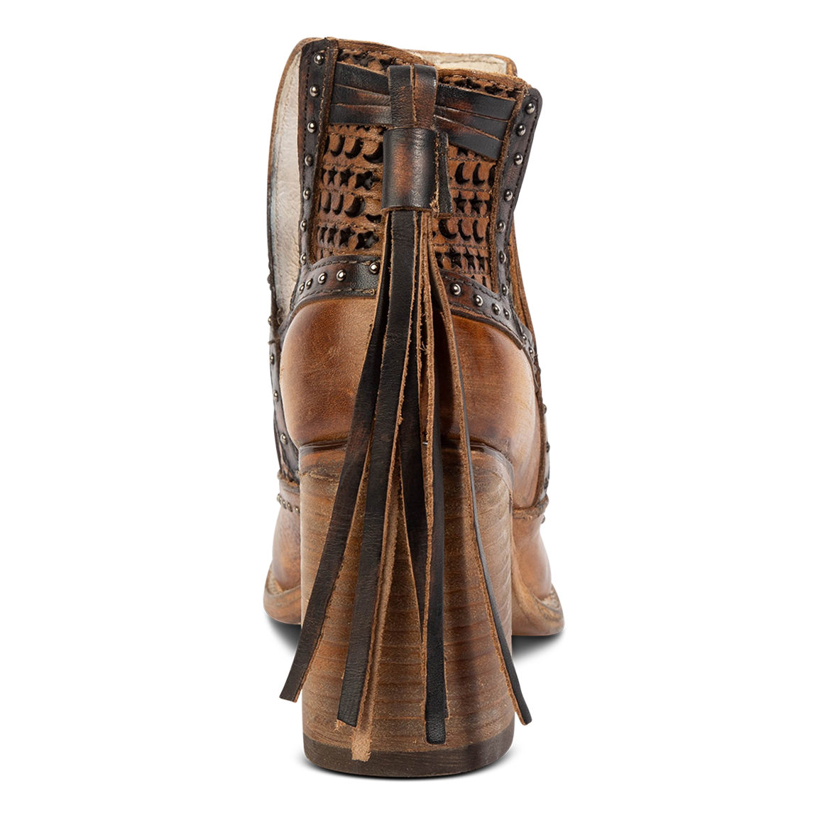 Back view showing wrapped heel and leather heel tassel detailing on FREEBIRD women's Sharona tan bootie