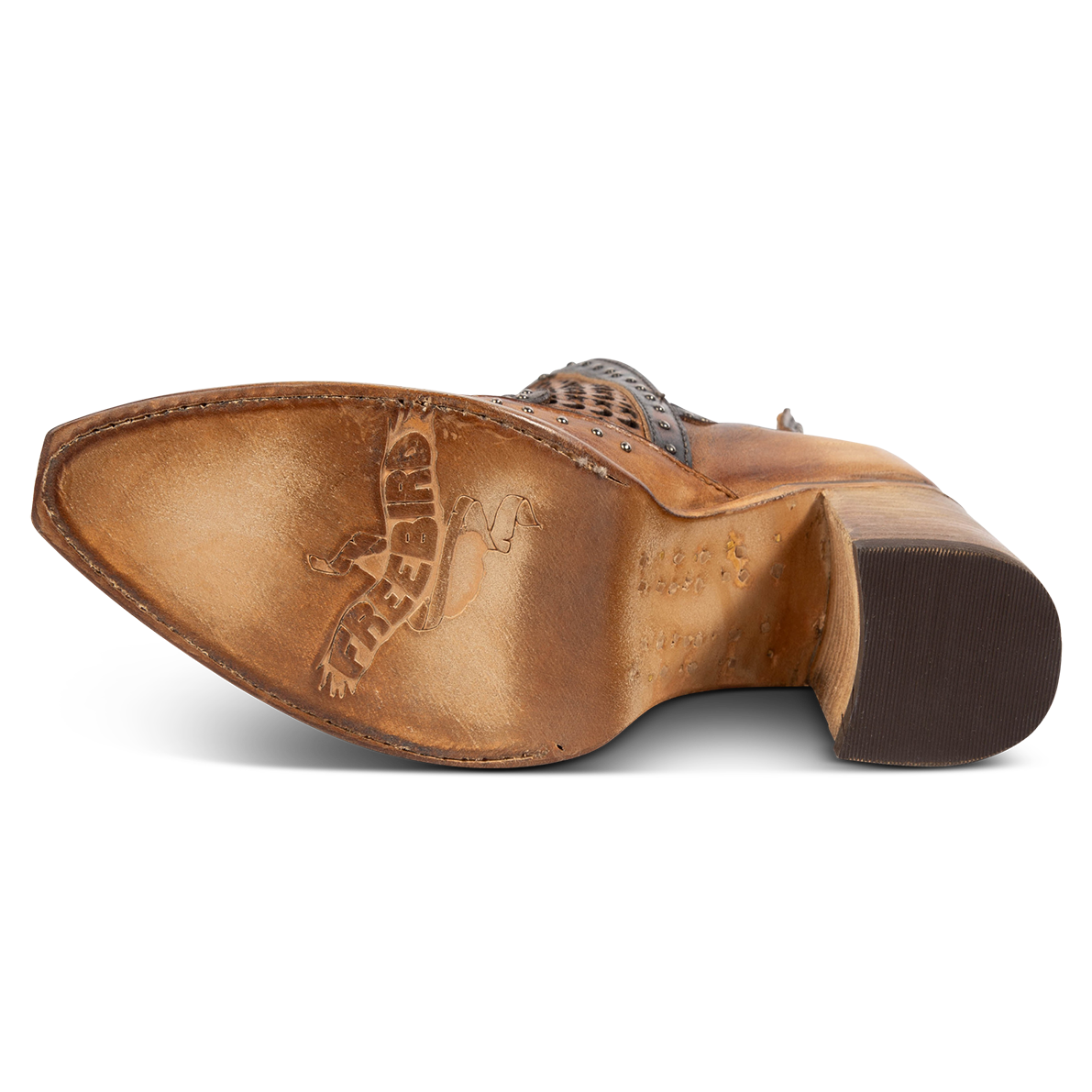 Leather sole imprinted with FREEBIRD on women's Sharona tan bootie