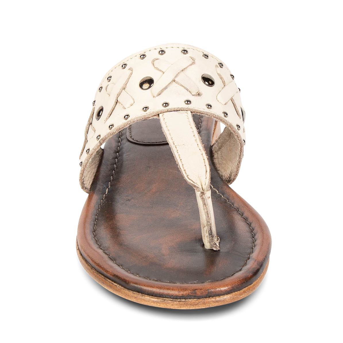 Front view showing FREEBIRD  woven leather embellished  foot strap on women's Shay beige low heeled sandal